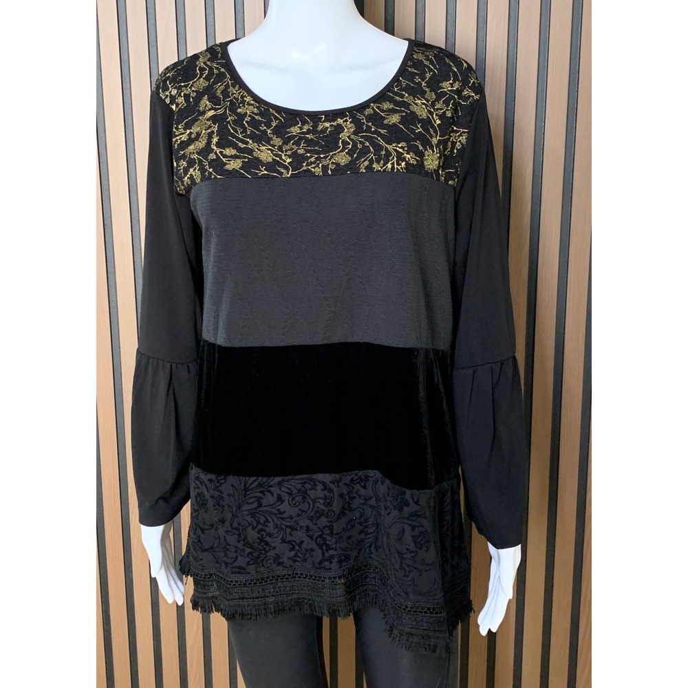 Caleesa Women's Tunic Top Black Gold Floral Velvet Fringe Metallic M Lagenlook
